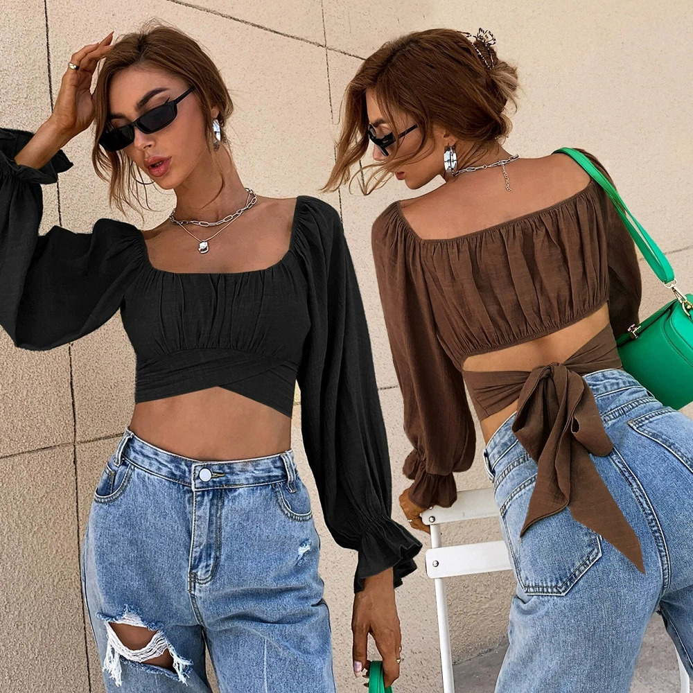 ZARA Spring Summer Sexy Square Neck Lace Up Slim Fit Cropped Long Sleeve Blouse